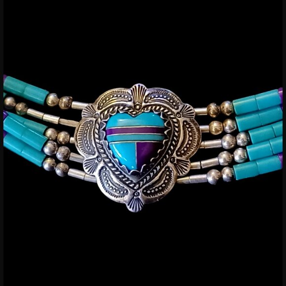 Navajo 925 Sterling Silver Liquid Silver 5 Strand Turquoise Heart Bracelet 7.25" - Picture 8 of 13